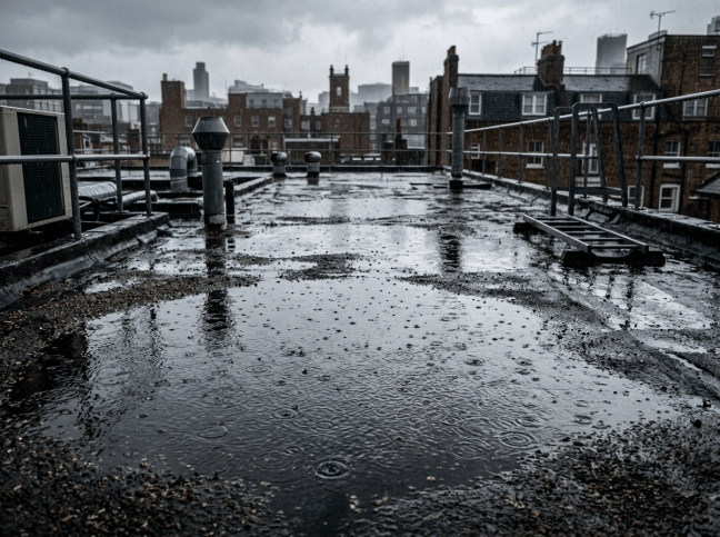 Rain falling on a rooftop with puddles and city buildings in the background