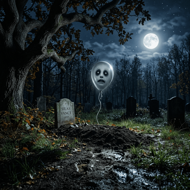 Ghost-faced balloon tied to a grave marked Silas Vance 1893 under full moon