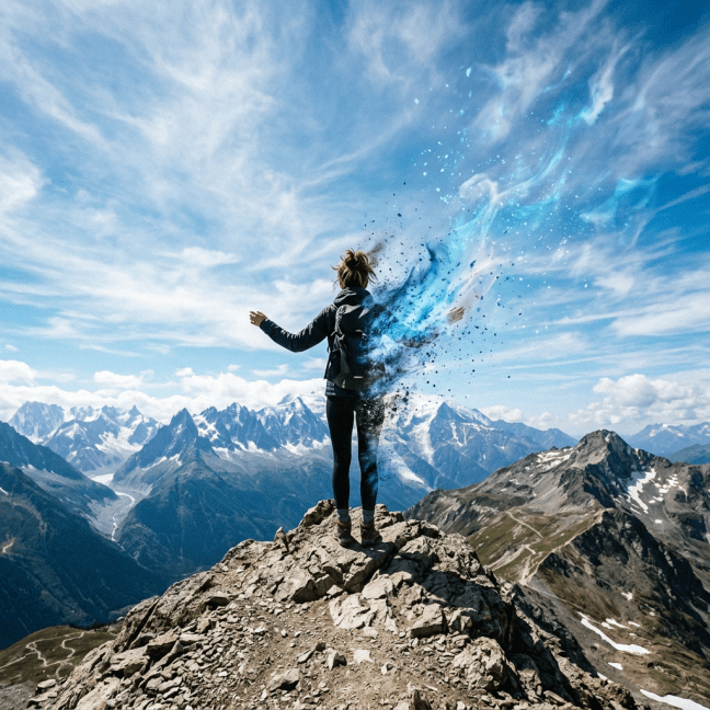 Person standing on rocky mountain peak with upper body dissolving into blue and black particles.