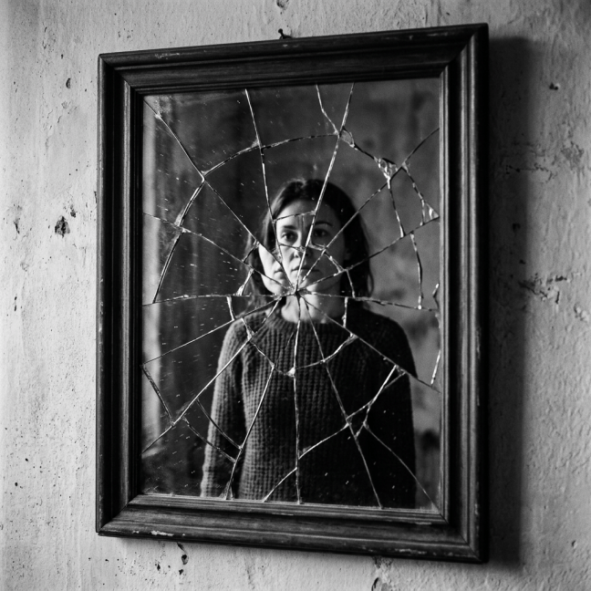 Woman's fragmented reflection in a shattered mirror with spiderweb cracks