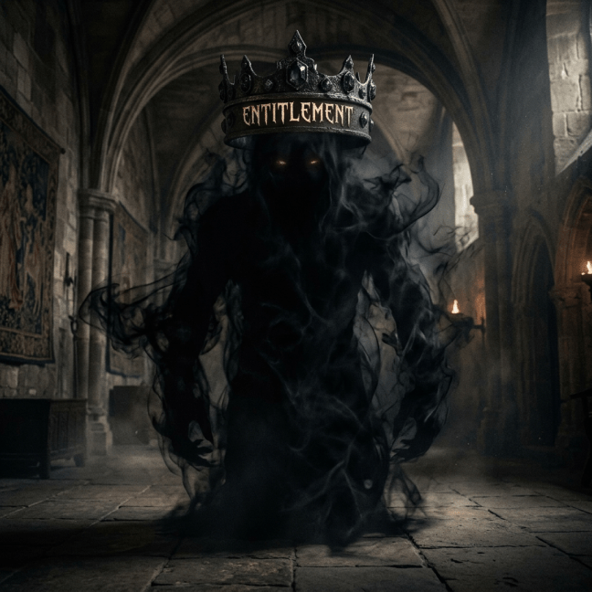 Shadowy figure with glowing eyes wearing a crown labeled 'ENTITLEMENT' surrounded by smoke in a stone hall.