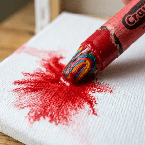 Multicolor crayon tip melting and spreading red wax on white canvas