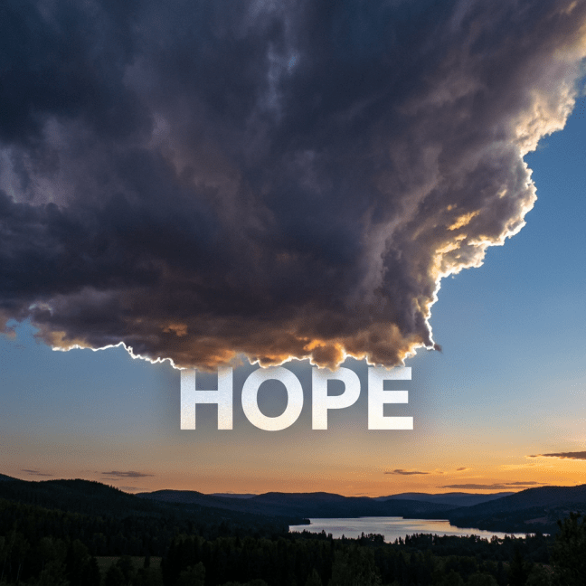 Dark storm clouds illuminated by sunset light over a lake and forested hills