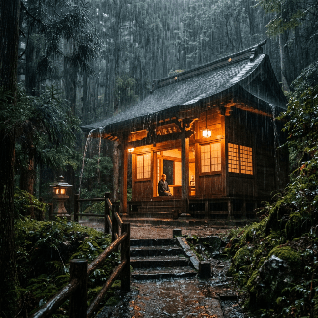 Lit wooden temple in forest with person meditating inside during heavy rain