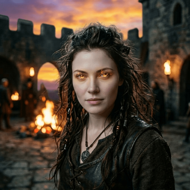 Warrior woman with fiery glowing eyes in medieval stone courtyard