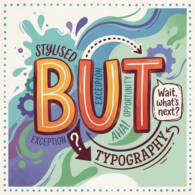 Stylised colorful typography of the word 'BUT' with phrases 'exception', 'aha! opportunity', and 'typography' in a decorative layout