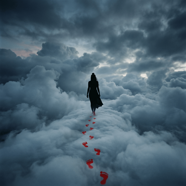 Silhouette of a person walking on clouds with a trail of red footprints