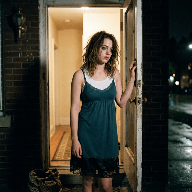 Young woman with disheveled hair and smeared makeup standing in a doorway at night