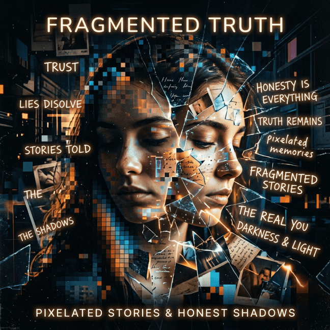 Collage reading “FRAGMENTED TRUTH,” “TRUST,” “LIES DISSOLVE,” “STORIES TOLD,” “HONESTY IS EVERYTHING,” “TRUTH REMAINS,” “Pixelated memories,” “FRAGMENTED STORIES,” “THE REAL YOU,” “THE SHADOWS,” “DARKNESS & LIGHT,” and “PIXELATED STORIES & HONEST SHADOWS.”