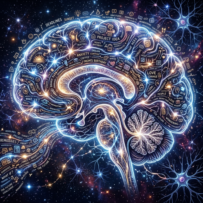 Glowing brain diagram labeled deadlines, project idea, anxiety, memories, love, and future