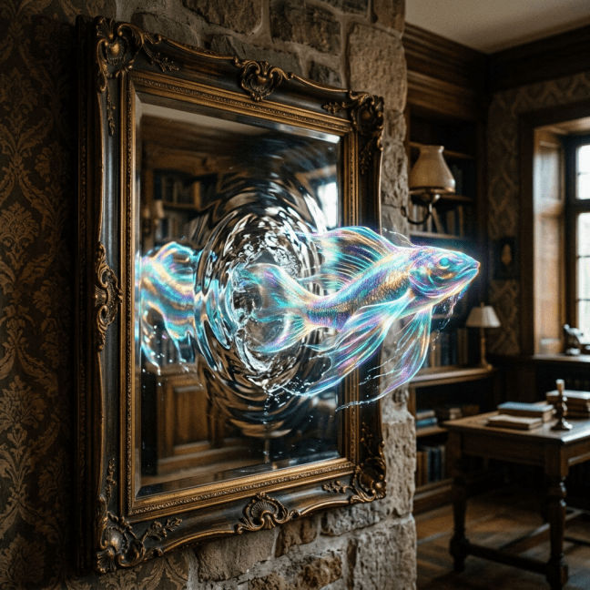 Rainbow-colored fish emerging from an ornate antique mirror