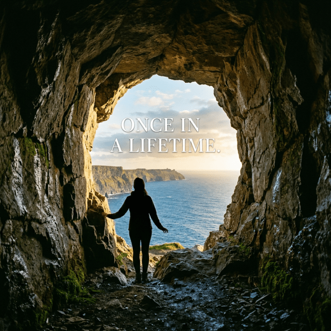 Traveler standing in a sea cave overlooking the ocean; text reads “ONCE IN A LIFETIME.”