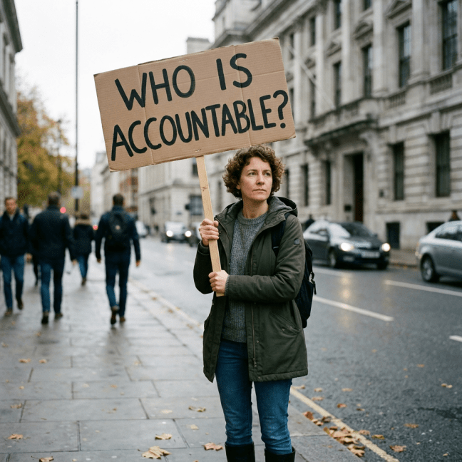 Protester holding a sign reading “WHO IS ACCOUNTABLE?” on a city street