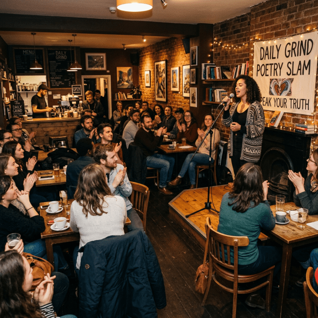 Poet performing at Daily Grind poetry slam before applauding coffeehouse audience