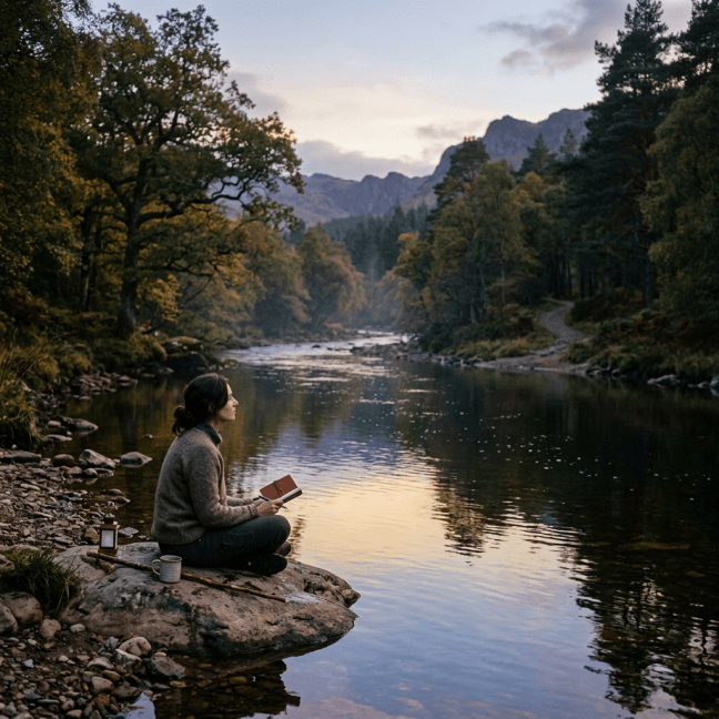 Person reading beside a mountain river surrounded by forest