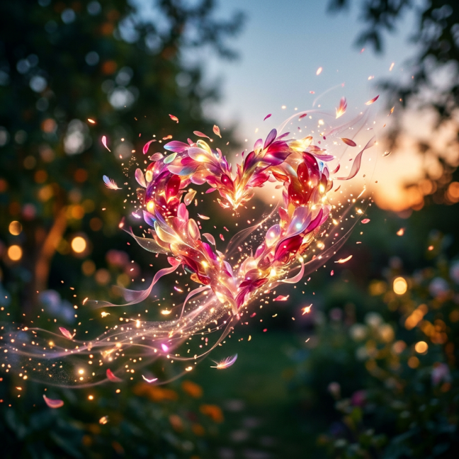 Glowing heart-shaped wreath of colorful petals floating in a garden