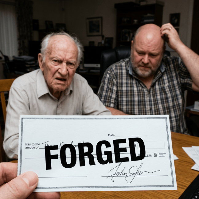 Check marked FORGED, held before two concerned men