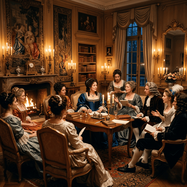 Period-dressed guests discussing books around a candlelit table