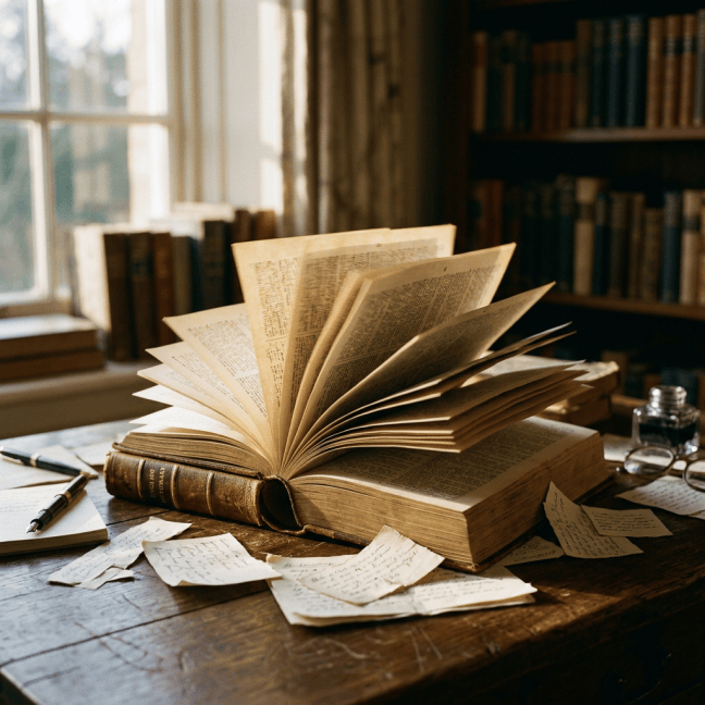 Open antique book surrounded by handwritten notes on a wooden desk