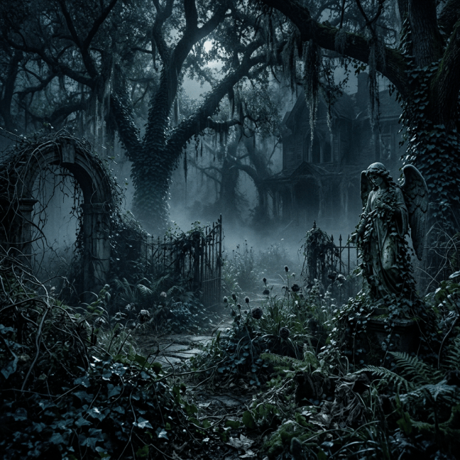 Misty Gothic cemetery with angel statue, iron gates, and overgrown trees