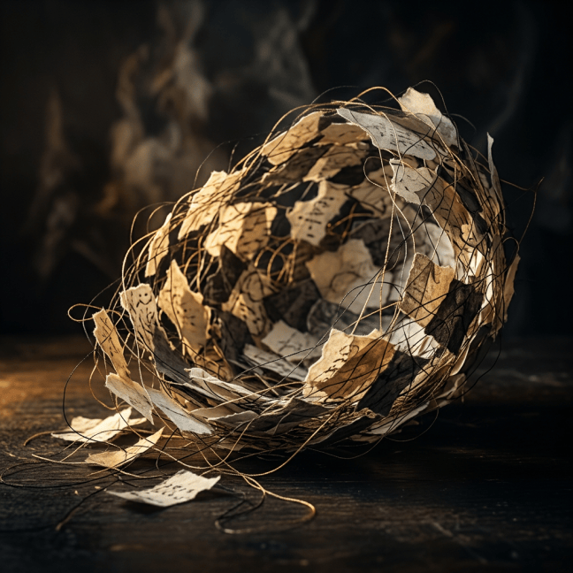 Nest-like sculpture made of paper scraps, handwriting, and tangled threads