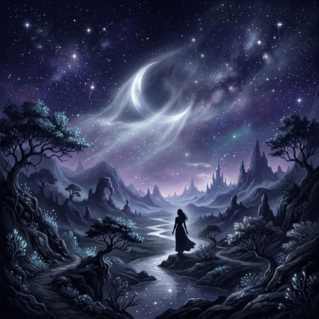 Crescent moon over a starry fantasy valley with mountains and winding river