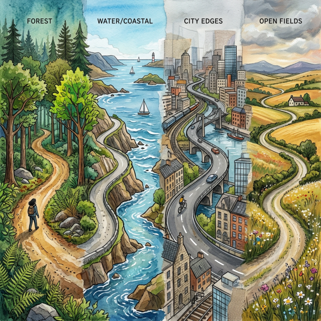 Illustration labeled Forest, Water/Coastal, City Edges, and Open Fields