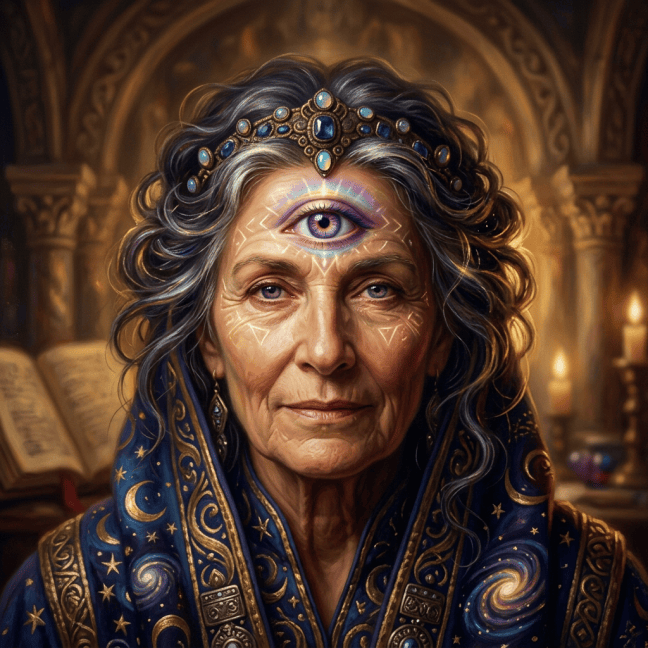 Elderly seer wearing jeweled headpiece and starry robes with a third eye