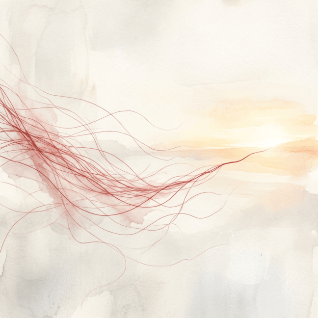 Abstract watercolor composition with flowing crimson lines and pale washes