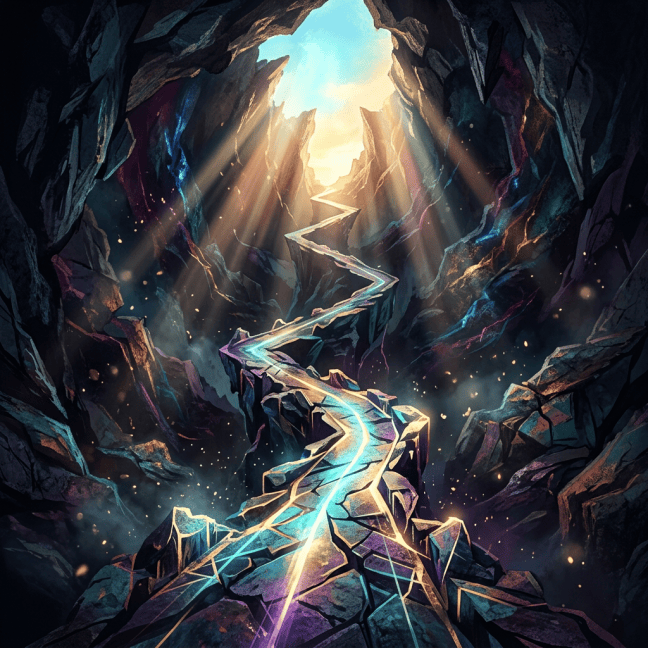 Glowing crystal pathway winding through a dark cavern toward sunlight