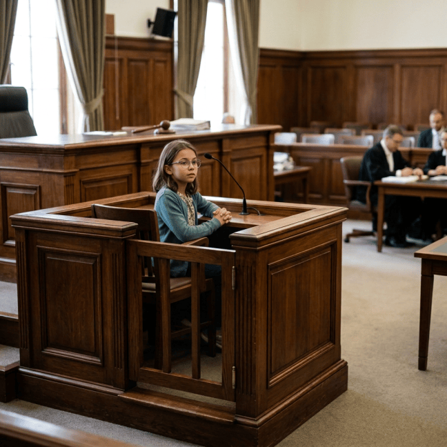 Wooden witness stand with microphone in a traditional courtroom