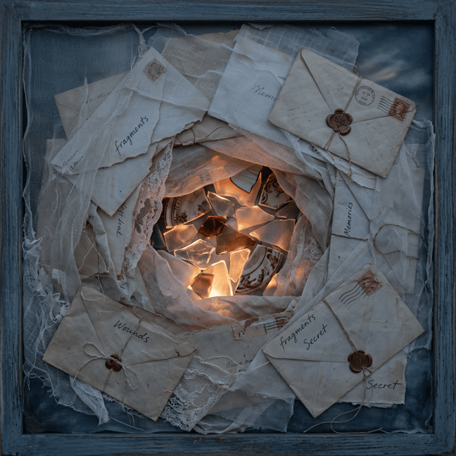 Envelopes labeled “fragments,” “Memories,” “wounds,” “Secret,” and “fragments Secret” surround glowing broken porcelain.