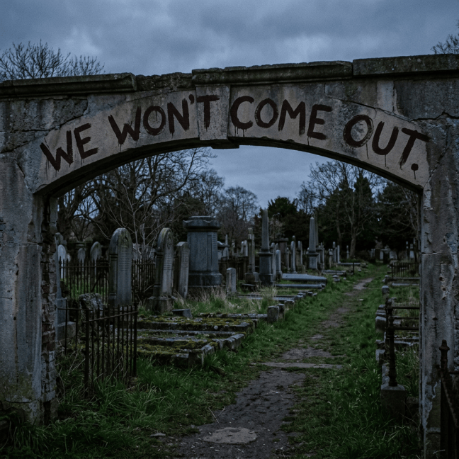 Cemetery entrance arch marked “WE WON’T COME OUT” above gravestones
