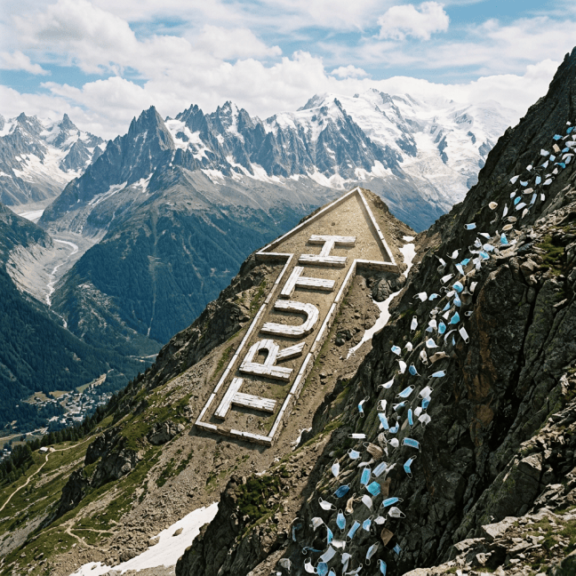Large mountain sign reading REFUGE above an alpine valley