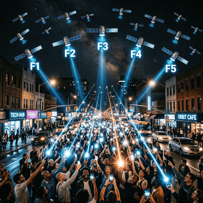 Crowd holding phones beneath satellites labeled F1 through F5