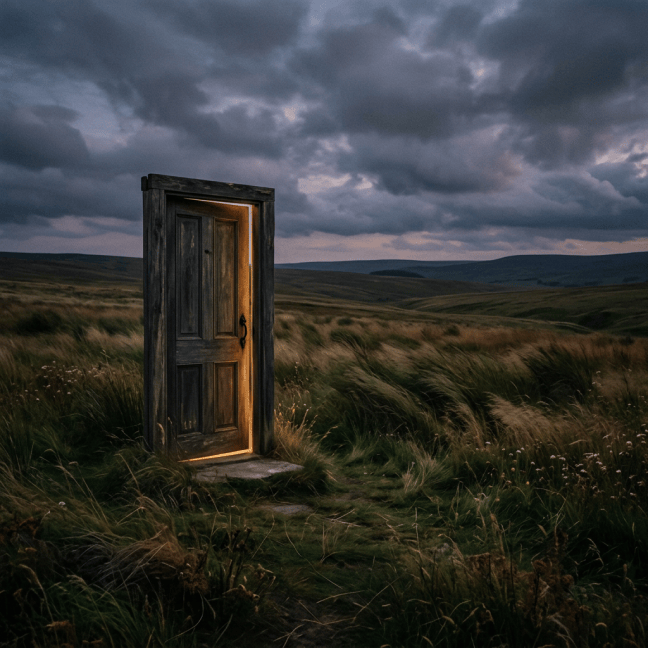 Open wooden door standing alone in a grassy moorland under storm clouds
